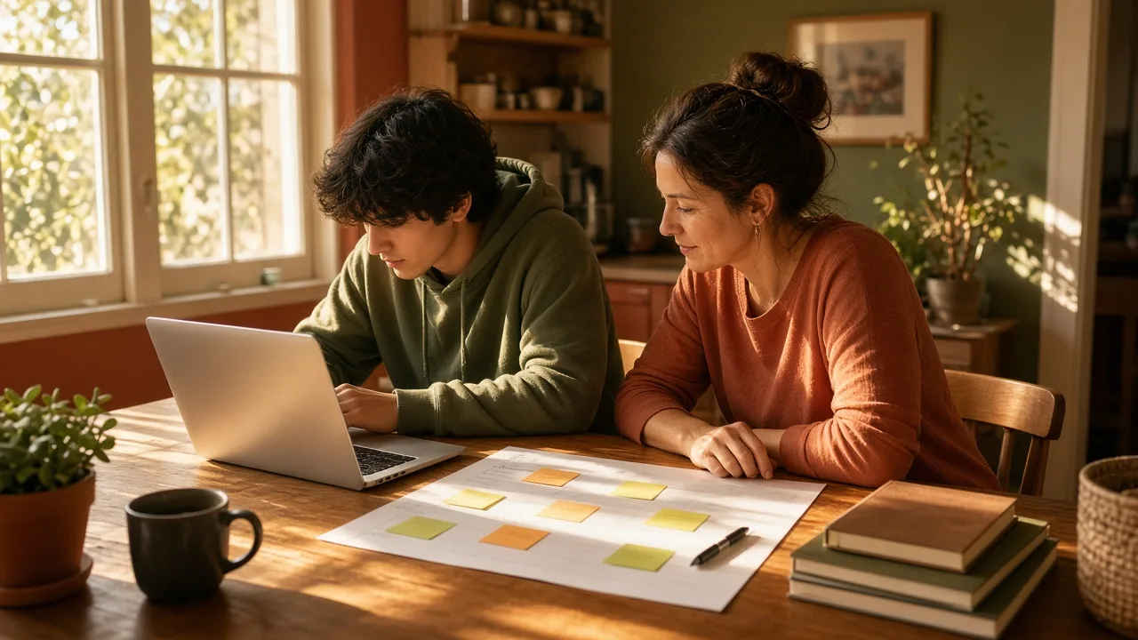 A student and parent planning at a kitchen table